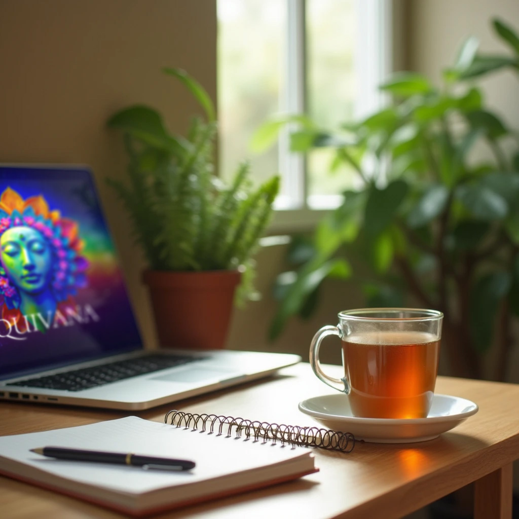 Mesa de trabajo con apuntes y té, usando un laptio que tiene el protector de panalla de Equivana.